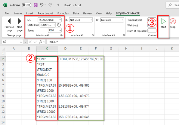 Excel ribbon operation image (① interface settings ② command input ③ send/receive command)